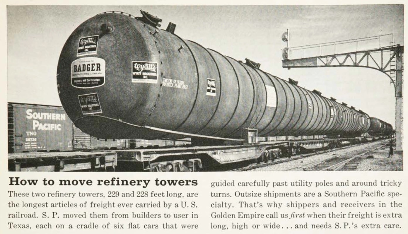 Wyatt refinery towers (July 1961 Trains magazine SP ad)